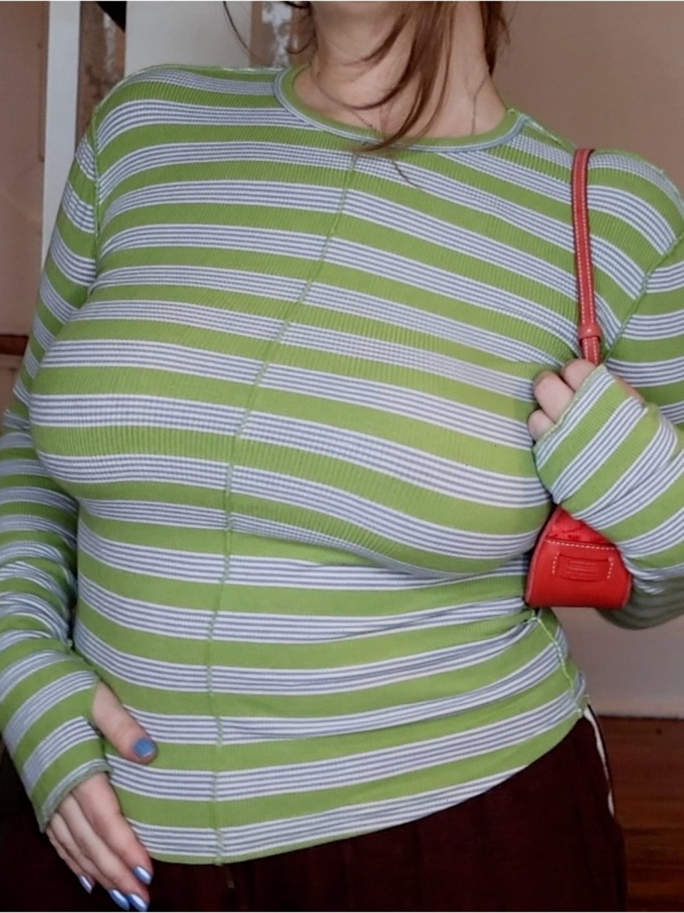 Striped Long-Sleeve Ribbed Top in Light Green and White